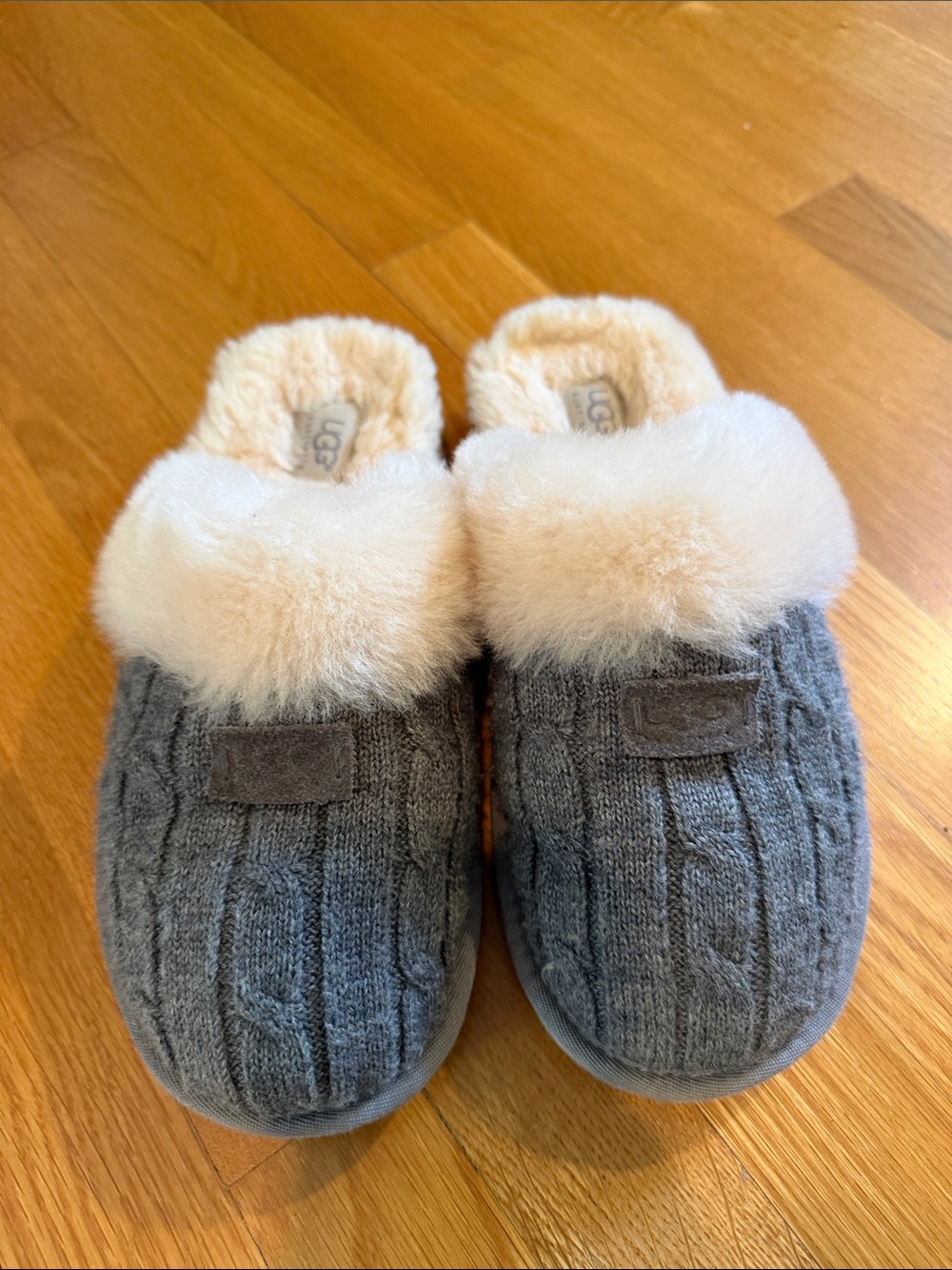 UGG Grey Cable-Knit Mule Slippers with Cream Shearling Trim